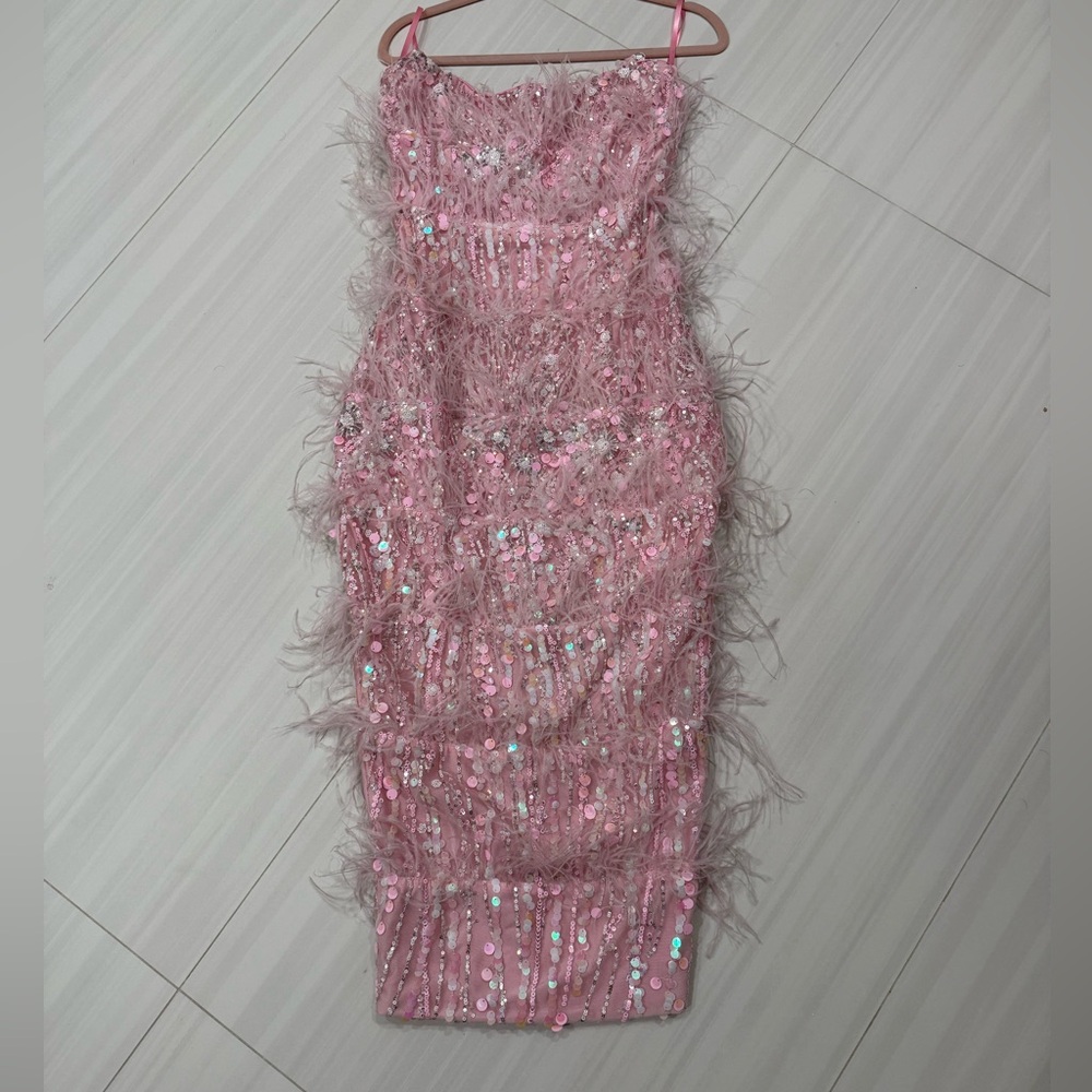 Strapless Pink Midi Dress with Feather & Sequin Detailing and custom cape - Picture 3 of 15